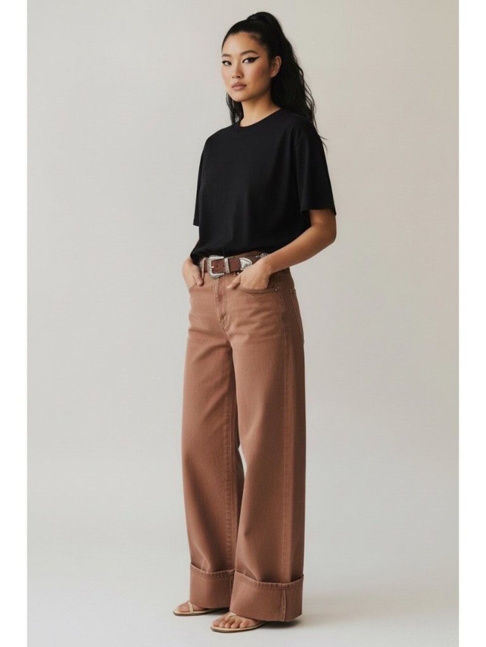 We The Free Free People CRVY Gia High Rise Wide Leg Jeans Brown Pink NWT Size 26